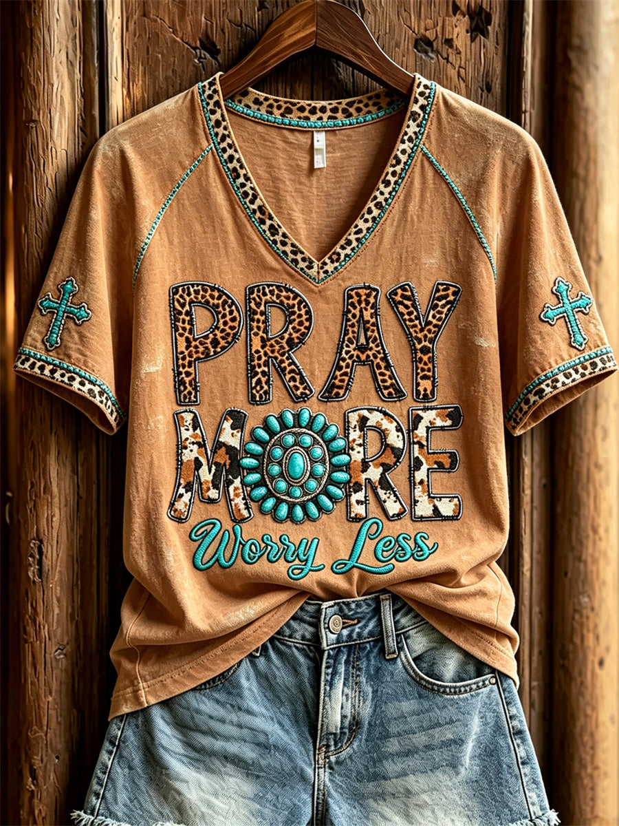 Women's Pray More Worry Less Western Turquoise & Cross Print short sleeve T-shirt