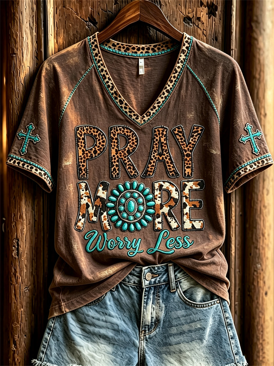 Women's Pray More Worry Less Western Turquoise & Cross Print short sleeve T-shirt