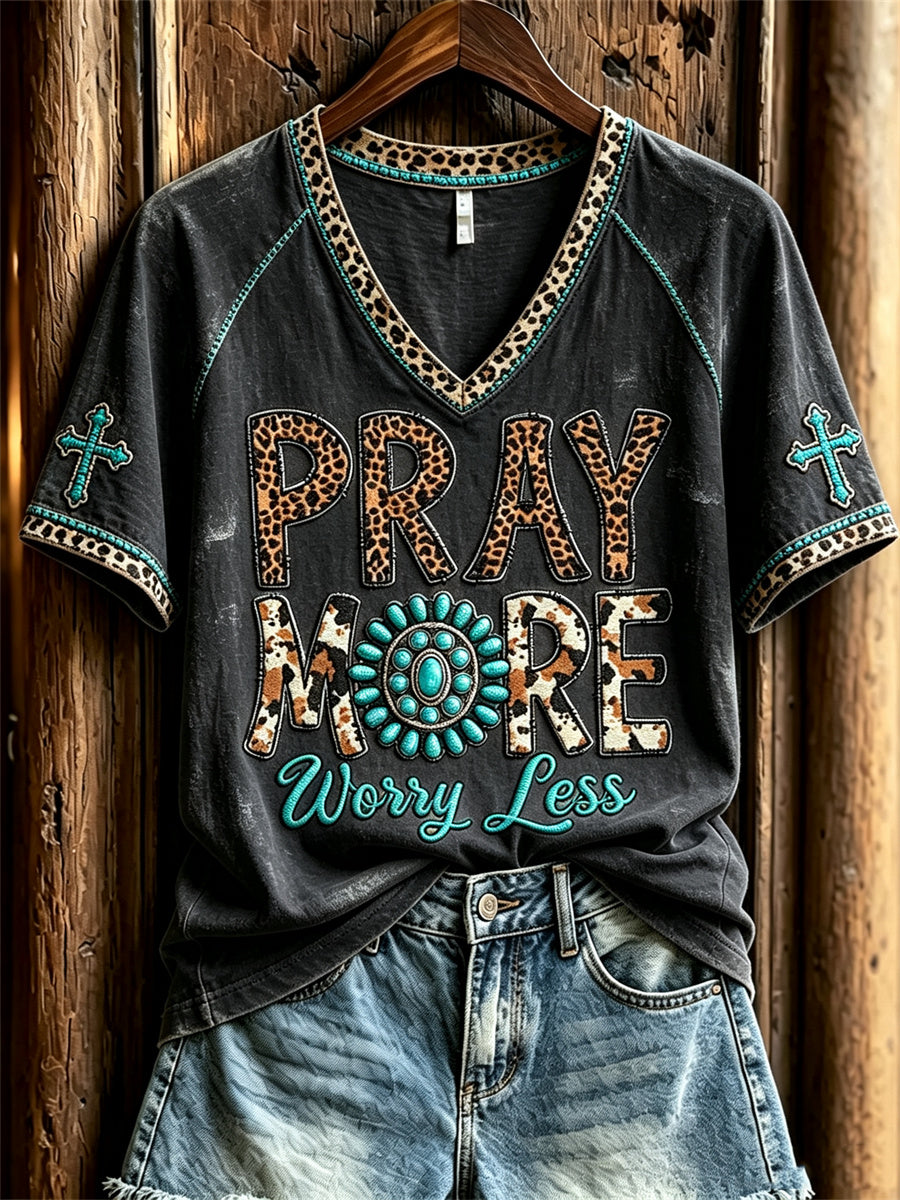 Women's Pray More Worry Less Western Turquoise & Cross Print short sleeve T-shirt