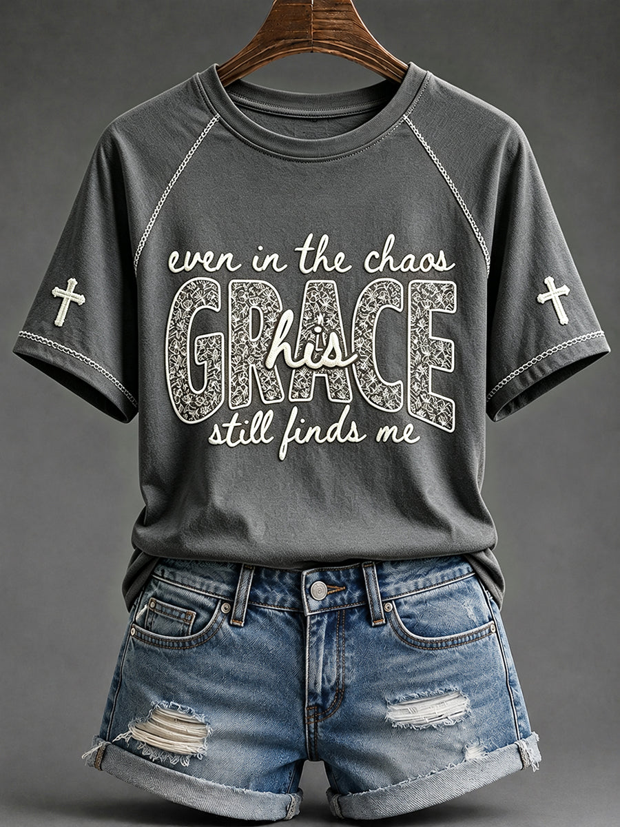 Women's His Grace Still Finds Me Christian Faith Floral Print Round Neck Short Sleeve T-shirt