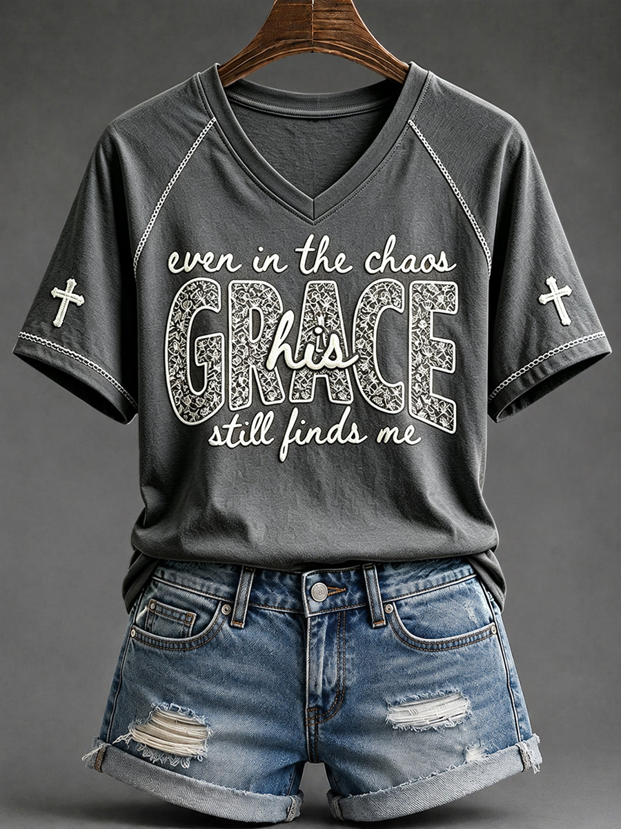 Women's His Grace Still Finds Me Christian Faith Floral Print V-neck Short-sleeved T-shirt